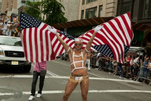 A flag performer in the 2011 Pride Parade on New York's Fifth Avenue.