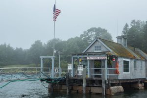 Clifton Dock, near the entrance to Northeast Harbor, Maine, in the fog.