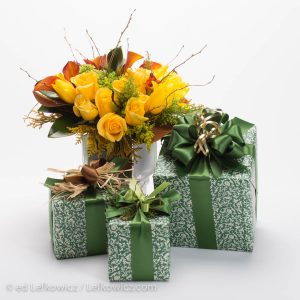 Floral arrangement and gift boxes