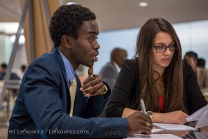 Two students at a business skills competition for high schools