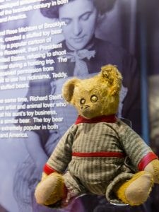 Gertrud Schneider's teddy bear in the Ellis Island National Museum of Immigration.