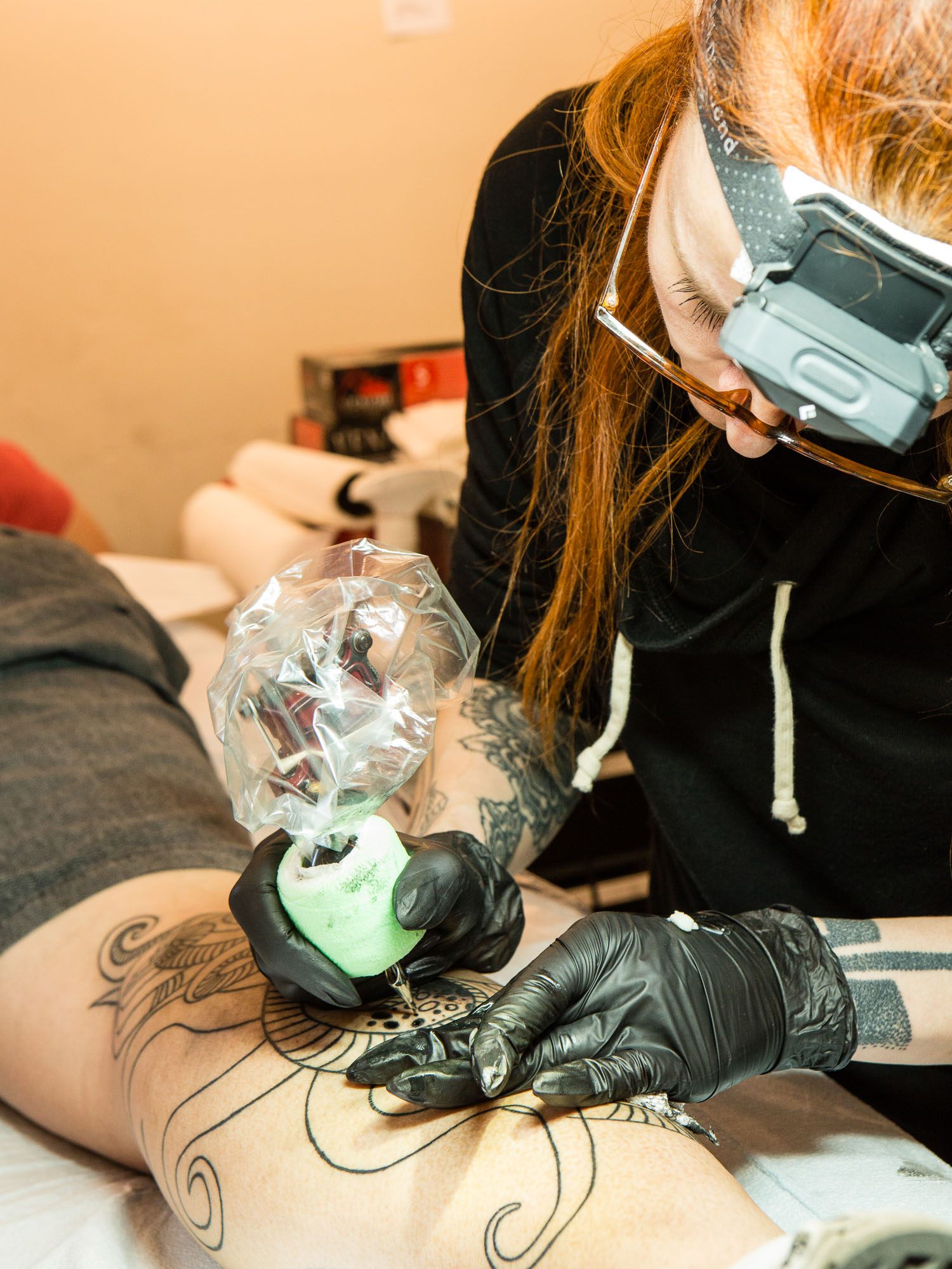 Tattoo artist Julianna Menna at work on a tattoo of an octopus at Gristle Tattoo in Williamsburg.