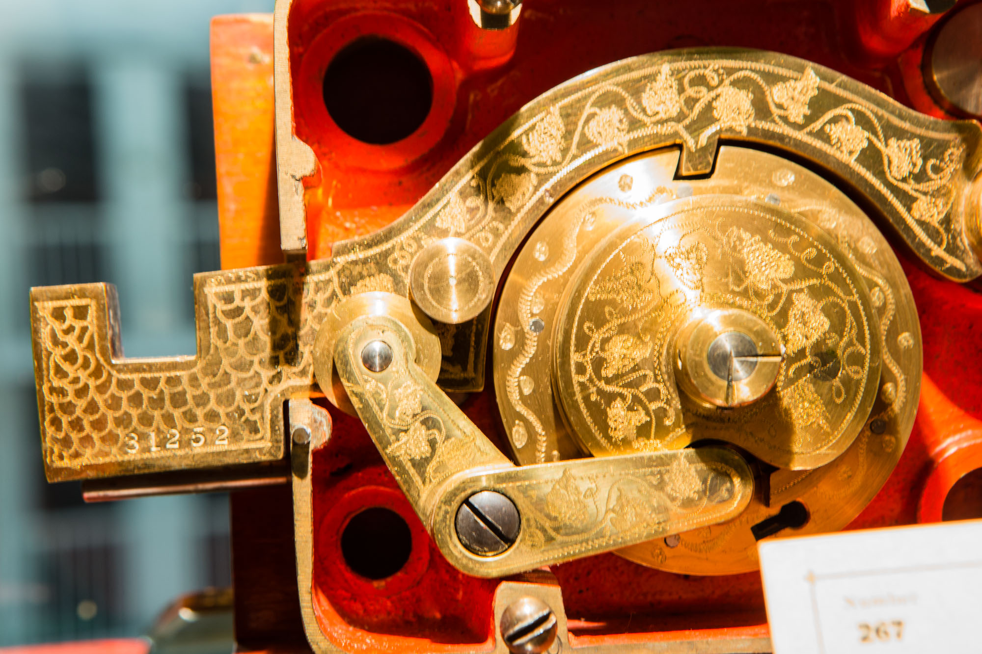 An elaborate combination lock in the John M. Mossman Lock Collection at the General Society of Mechanics & Tradesmen of the City of New York.