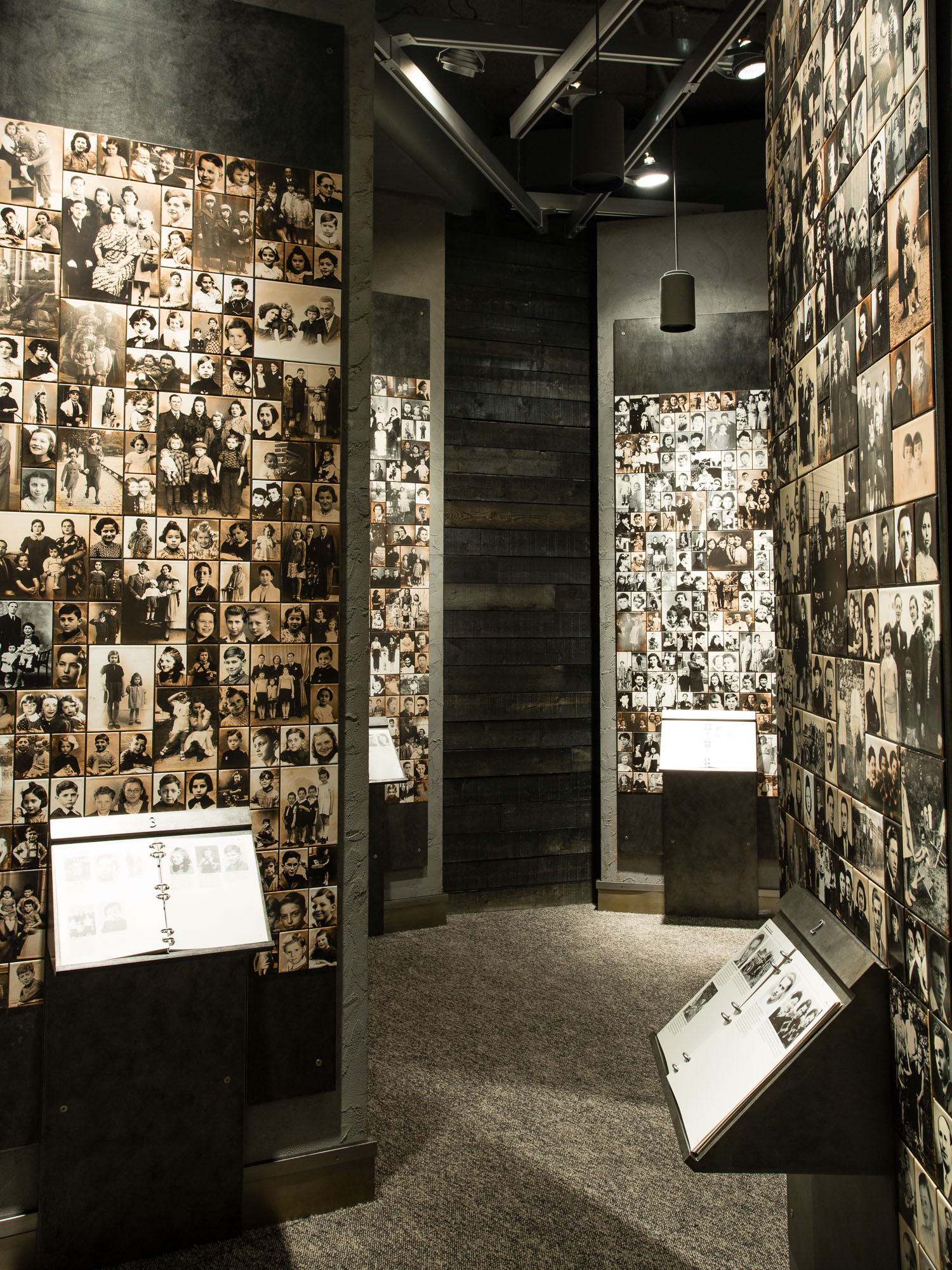 Walls of photographs in the Museum of Jewish Heritage