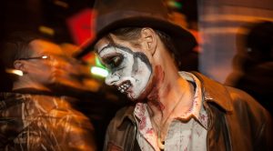 A man made up as Zombiana Jones in the Greenwich Village Halloween parade