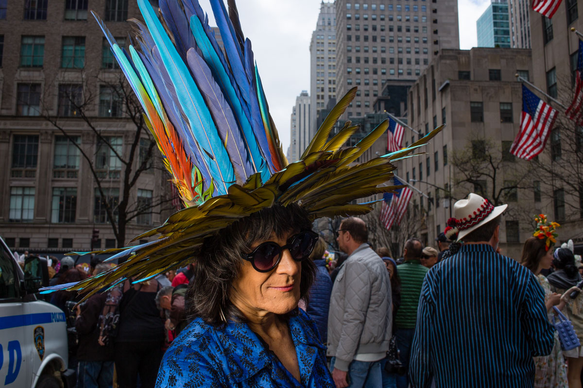 An ornate hat apparently made entirely of colorful feathers at the Easter Bonnet Parade and Festival on New York's Fifth Avenue.