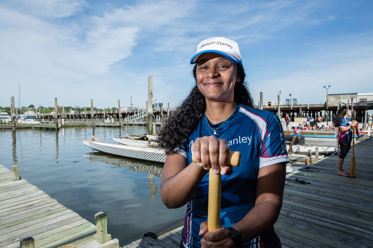 A member of the Morgan Stanley Dragon Boat racing team. Photographed for Morgan Stanley.